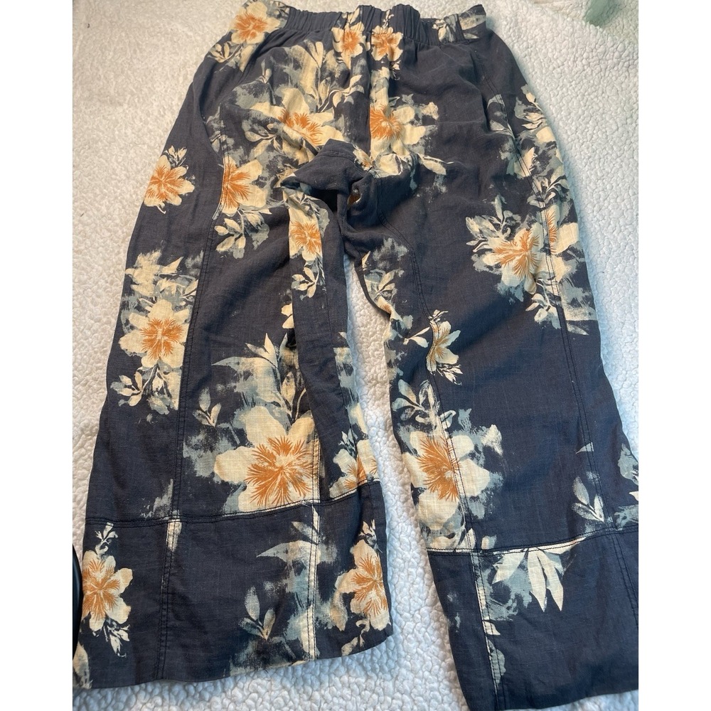 Free People Pants Womens XL Gray Linen Blend Wide Leg Floral Ankle Pull On Boho - Picture 9 of 9